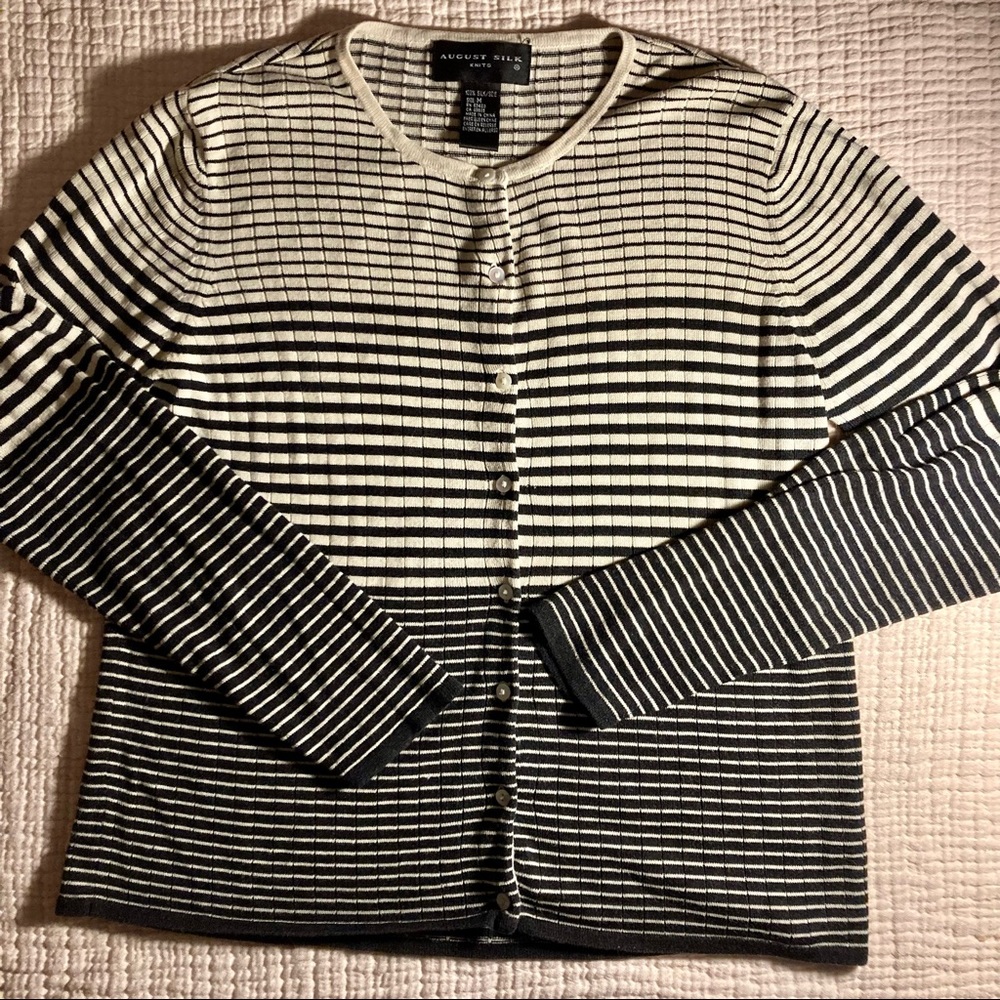 August Silk Knits 100% silk cardigan in tan and black, size M